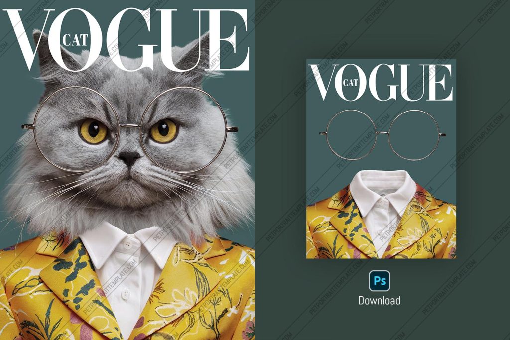 Vogue‑style pet portrait PSD template featuring a gray cat in round glasses and a floral blazer